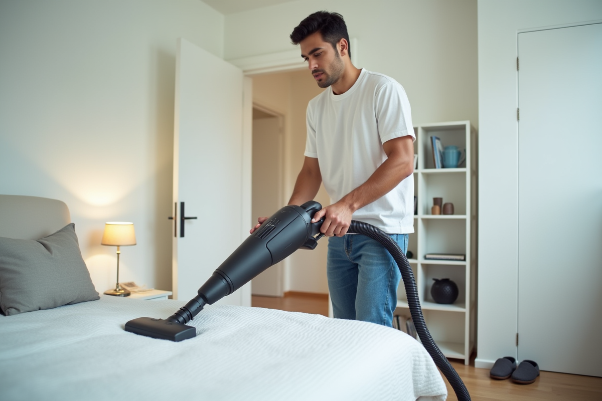Jeune homme aspirant le bord du lit dans une chambre moderne