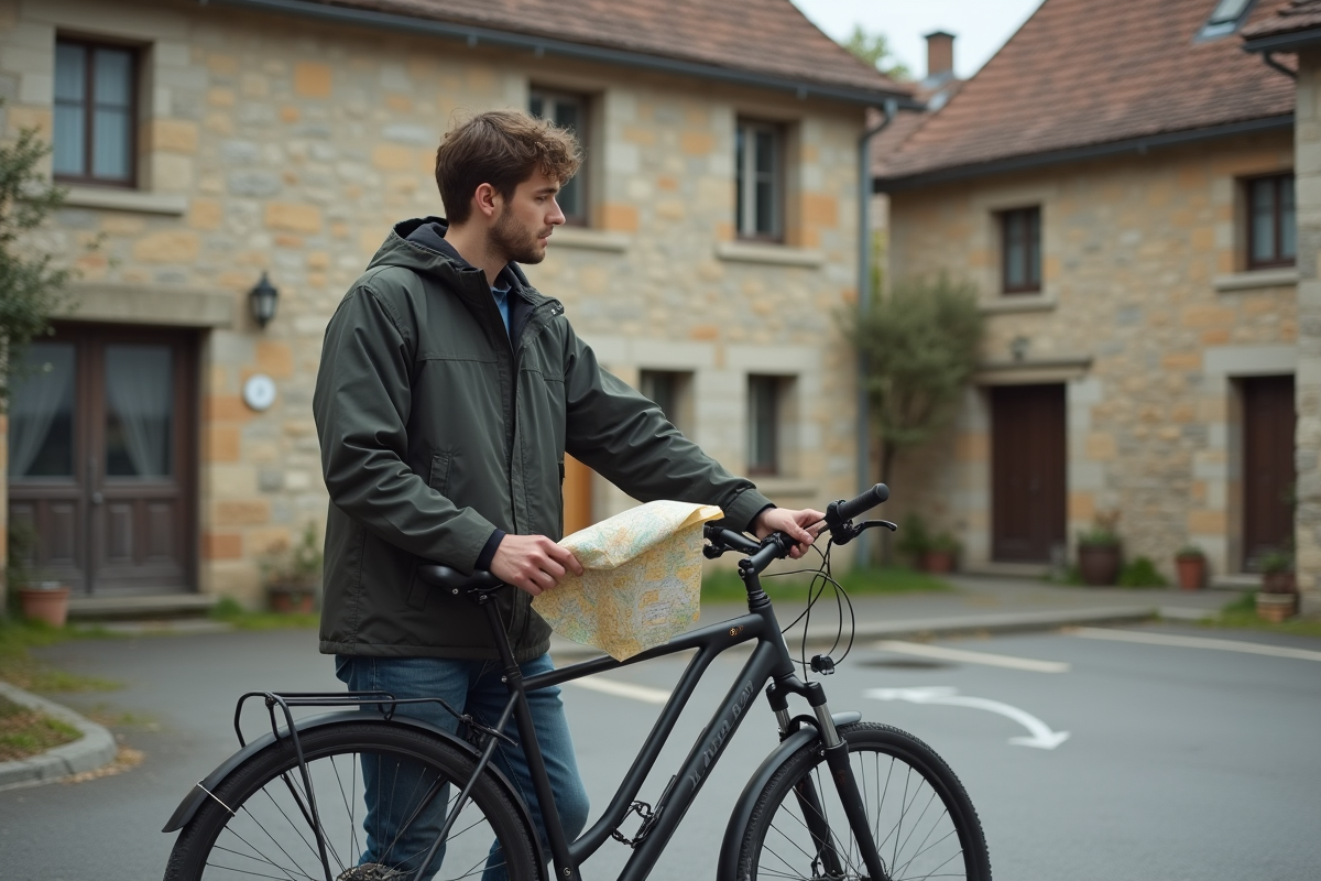Jeune homme français avec carte dans une place de village