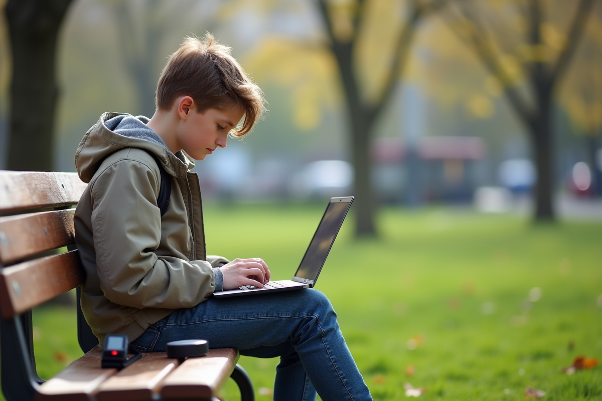 Adolescent utilisant un ordinateur portable dans un parc