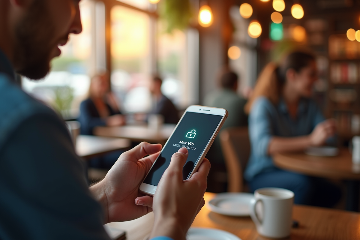 Jeune professionnel utilisant un smartphone avec VPN en ville