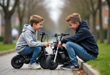 Comparatif : Dax 50cc contre autres minimoto Deux adolescents comparant leurs minimotos dans un parc suburbain