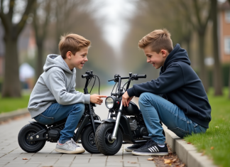 Comparatif : Dax 50cc contre autres minimoto Deux adolescents comparant leurs minimotos dans un parc suburbain