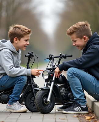 Deux adolescents comparant leurs minimotos dans un parc suburbain