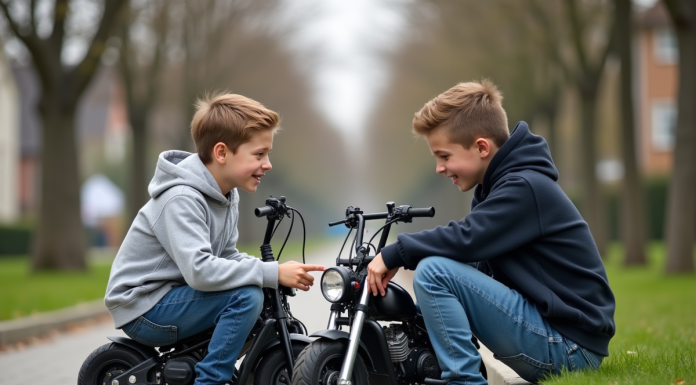 Deux adolescents comparant leurs minimotos dans un parc suburbain