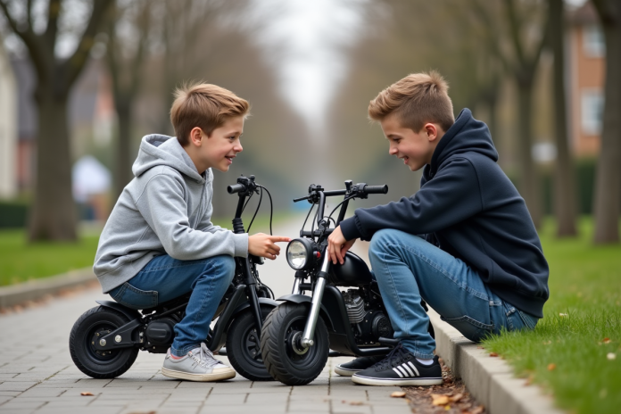 jeunes-ados-minimoto-competition Deux adolescents comparant leurs minimotos dans un parc suburbain