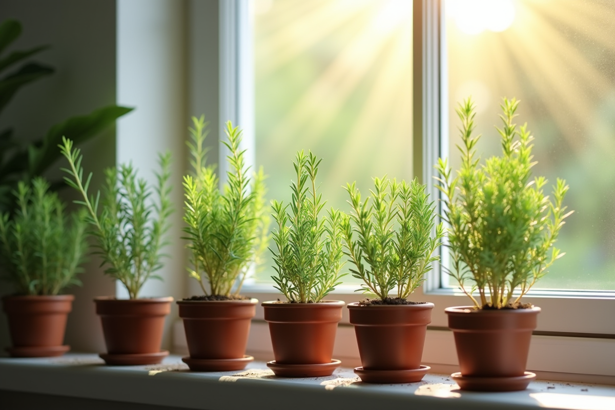 Jeunes plants de romarin en pots sur une fenêtre ensoleillée