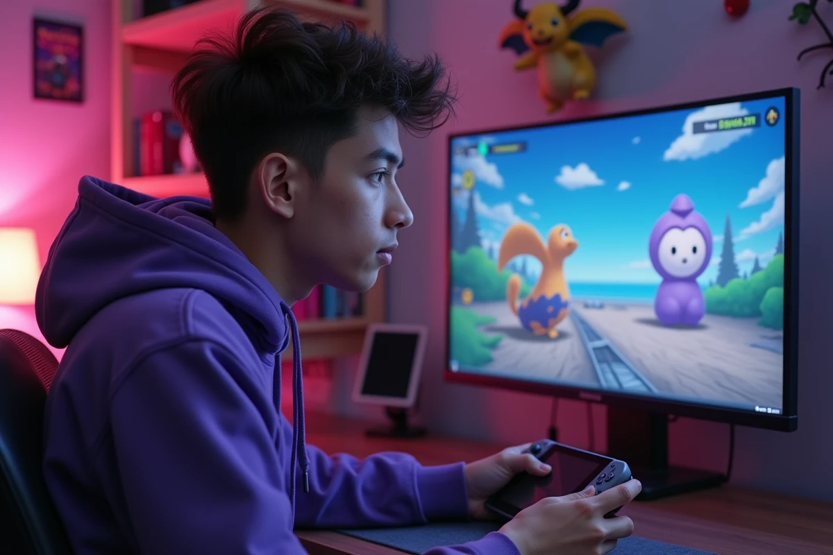 Joueur adulte concentré sur son équipe Pokémon de type Psy sur Nintendo Switch dans sa chambre