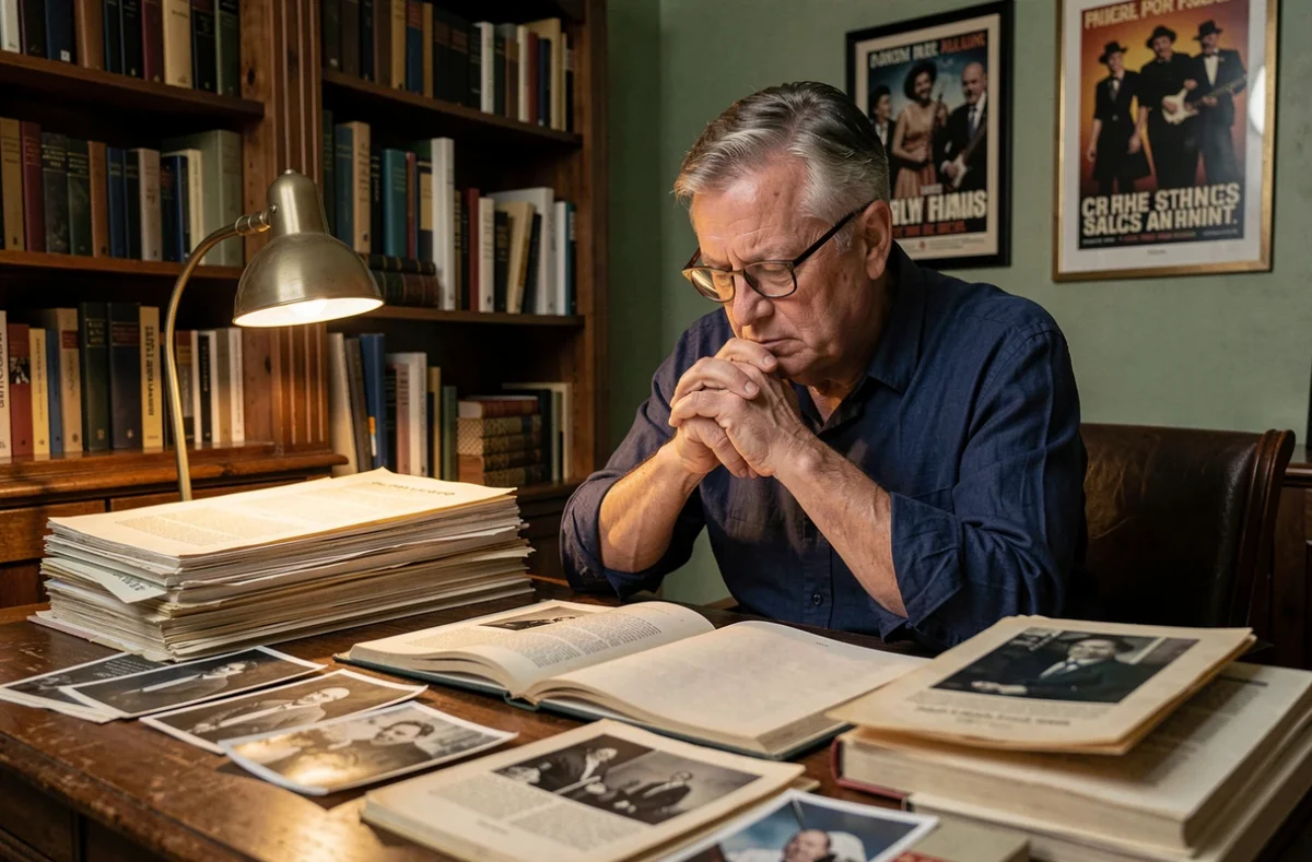 Journaliste ou historien consultant des archives sur la mort de Mike Brant dans un bureau vintage
