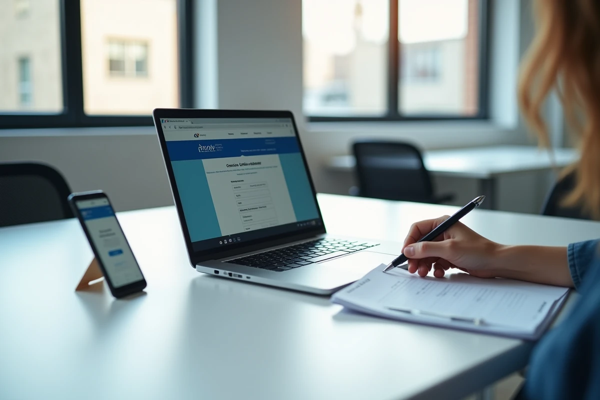Démarche en ligne de changement d'adresse Kolrag sur ordinateur portable et smartphone dans un espace de coworking
