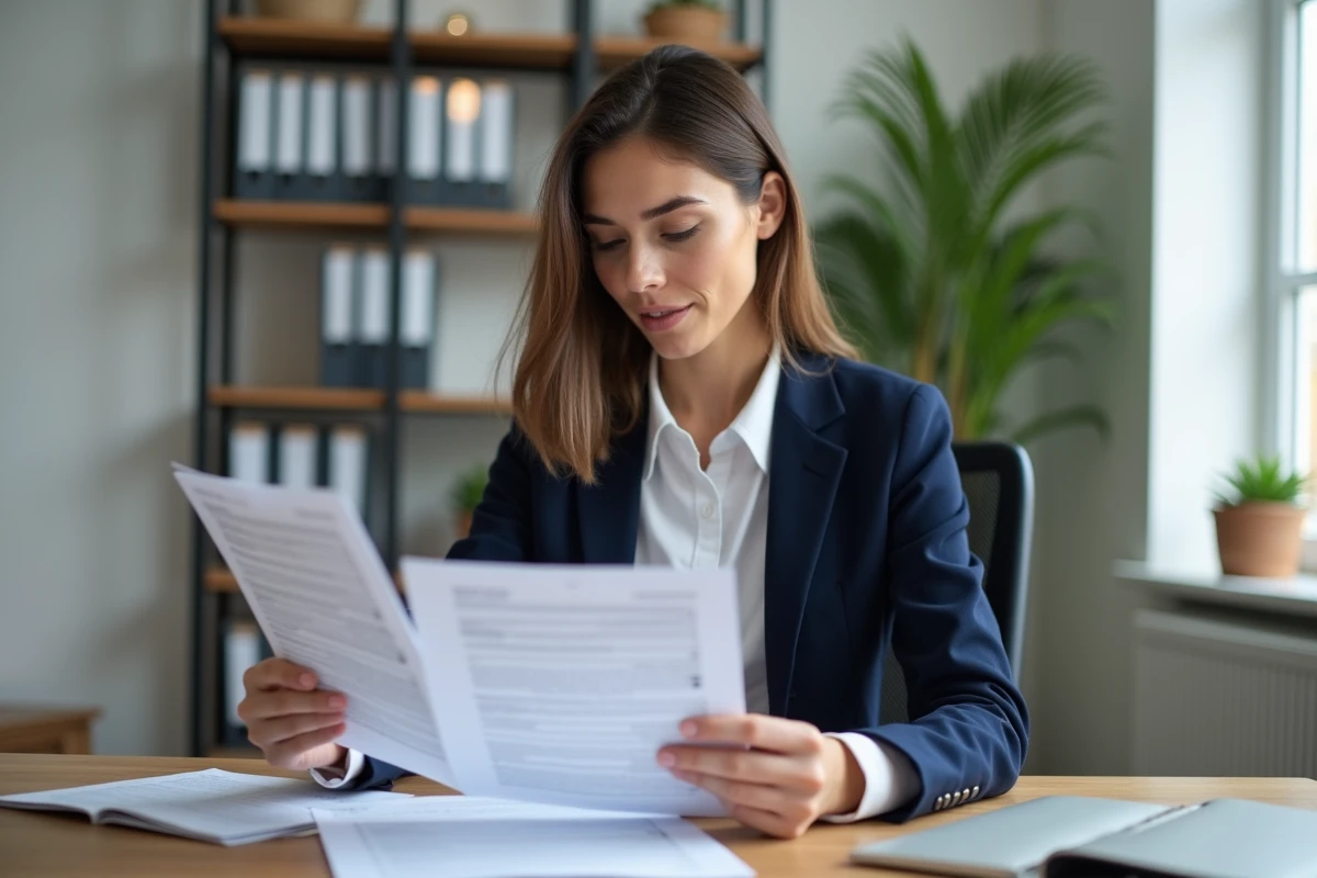 Femme consultant des documents administratifs liés à un changement d'adresse en 2026 dans un bureau à domicile moderne