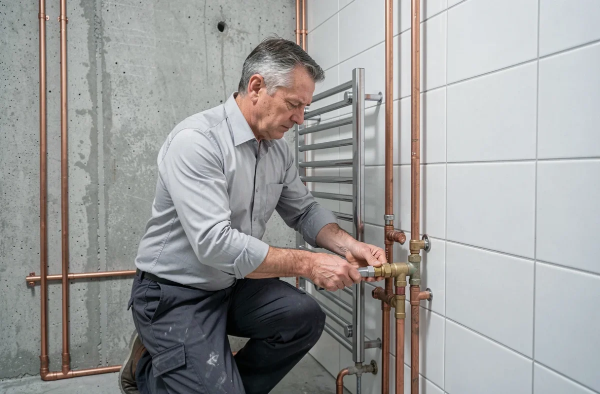 Chauffagiste et plombier Laurent Jean-Claude SARL travaillant sur la plomberie et le chauffage d'une salle de bain en rénovation