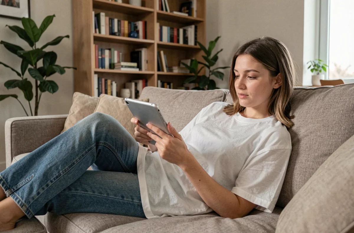 Jeune femme lisant un scan manga en VF sur tablette dans un salon moderne, illustrant la lecture en ligne de Solo Leveling Ragnarok