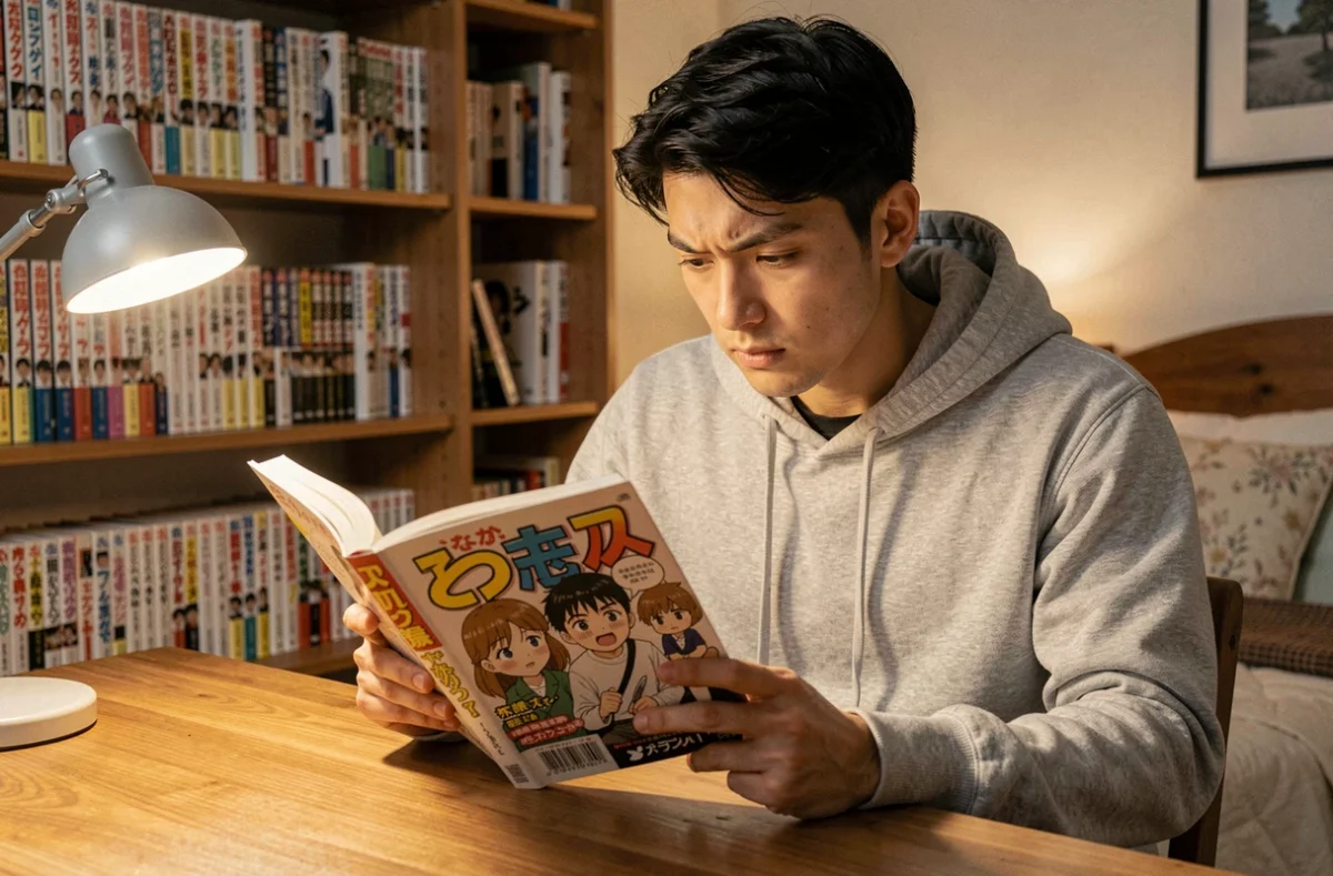 Jeune homme lisant un scan de manga Solo Leveling Ragnarok en version française sur un bureau en bois entouré de collections de mangas