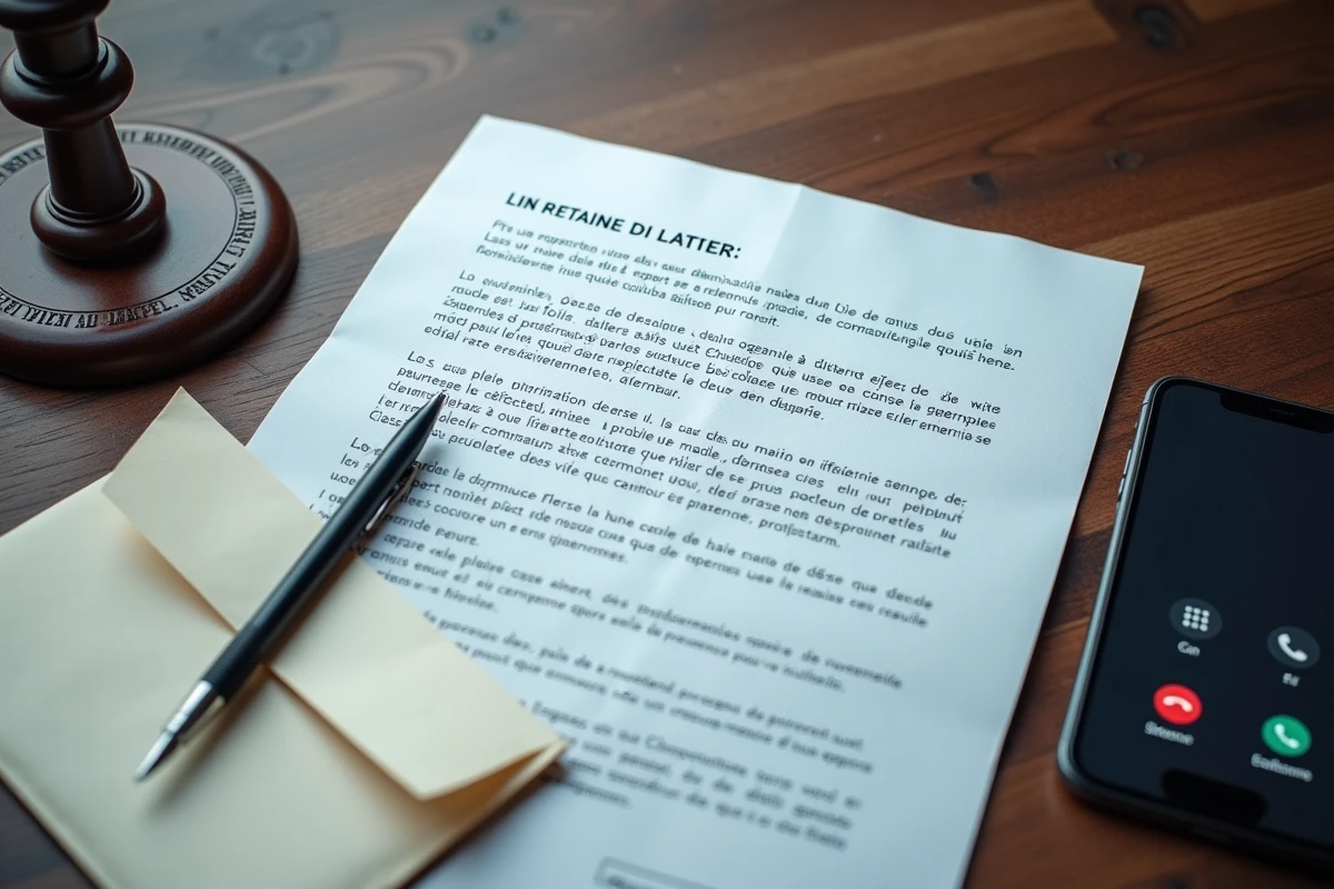 Lettre de plainte officielle et téléphone avec appels manqués sur un bureau, illustration du harcèlement téléphonique de huissier