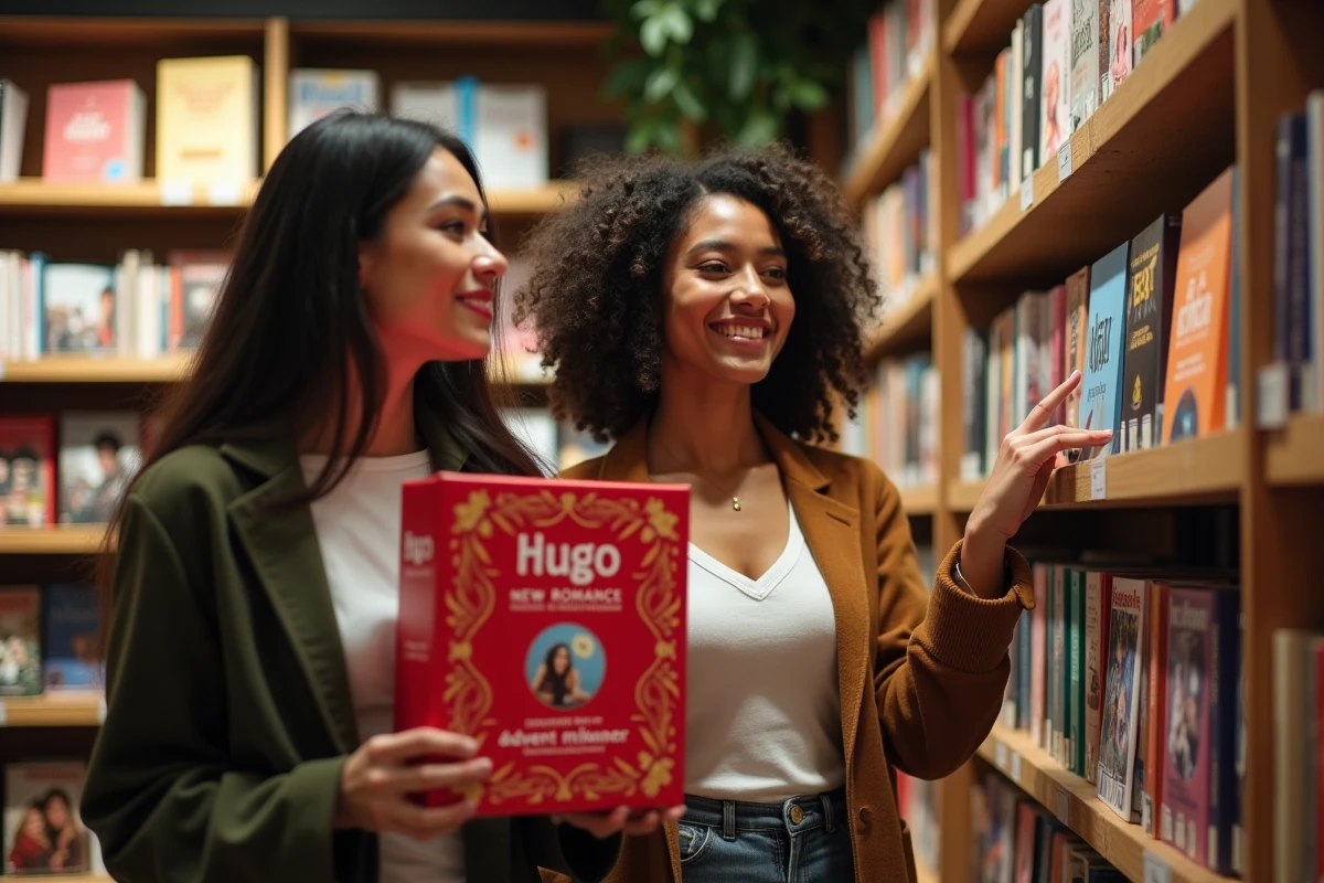 Deux femmes en librairie comparant le prix et les promotions du calendrier de l'avent Hugo New Romance