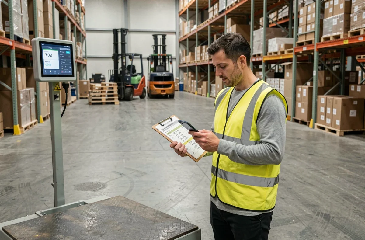 Responsable logistique en entrepôt consultant un convertisseur de kilogrammes en tonnes sur smartphone