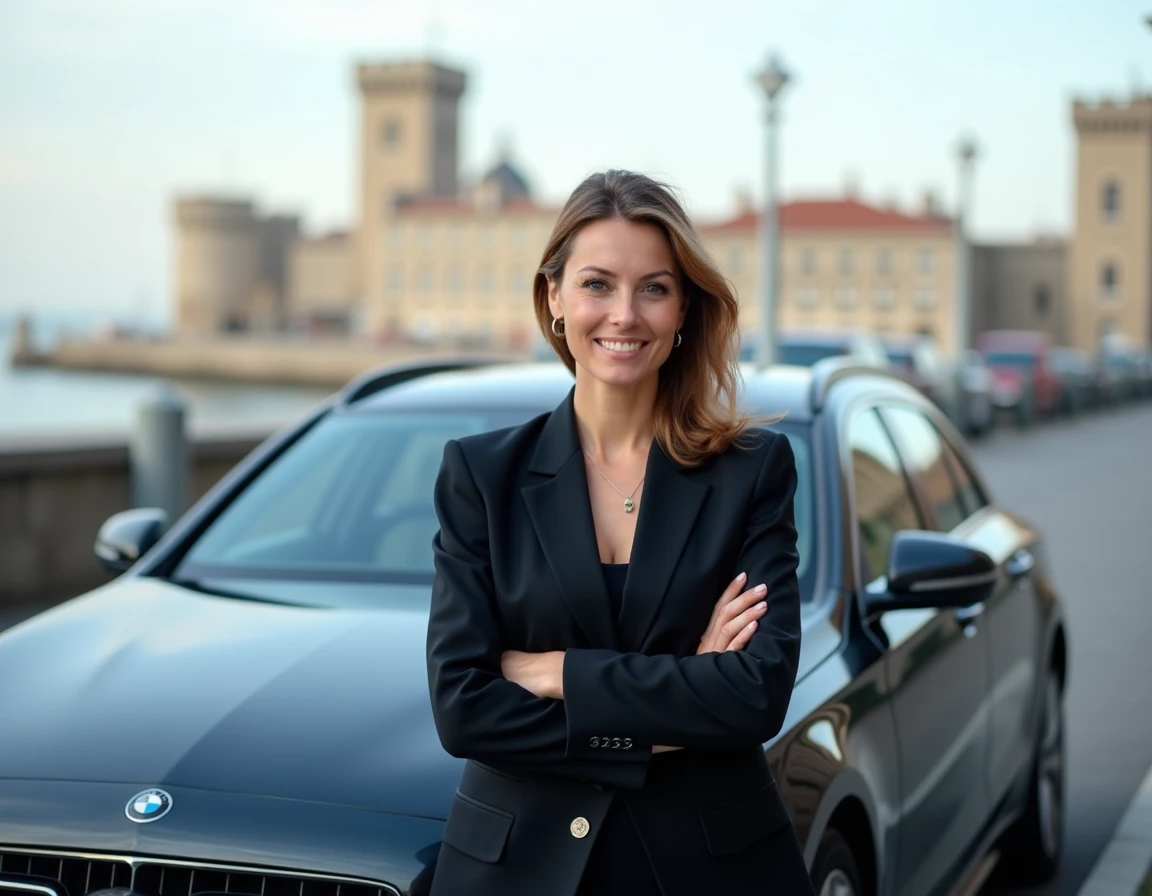 Chauffeuse VTC professionnelle devant sa berline premium au port de La Rochelle avec les tours historiques en arrière-plan