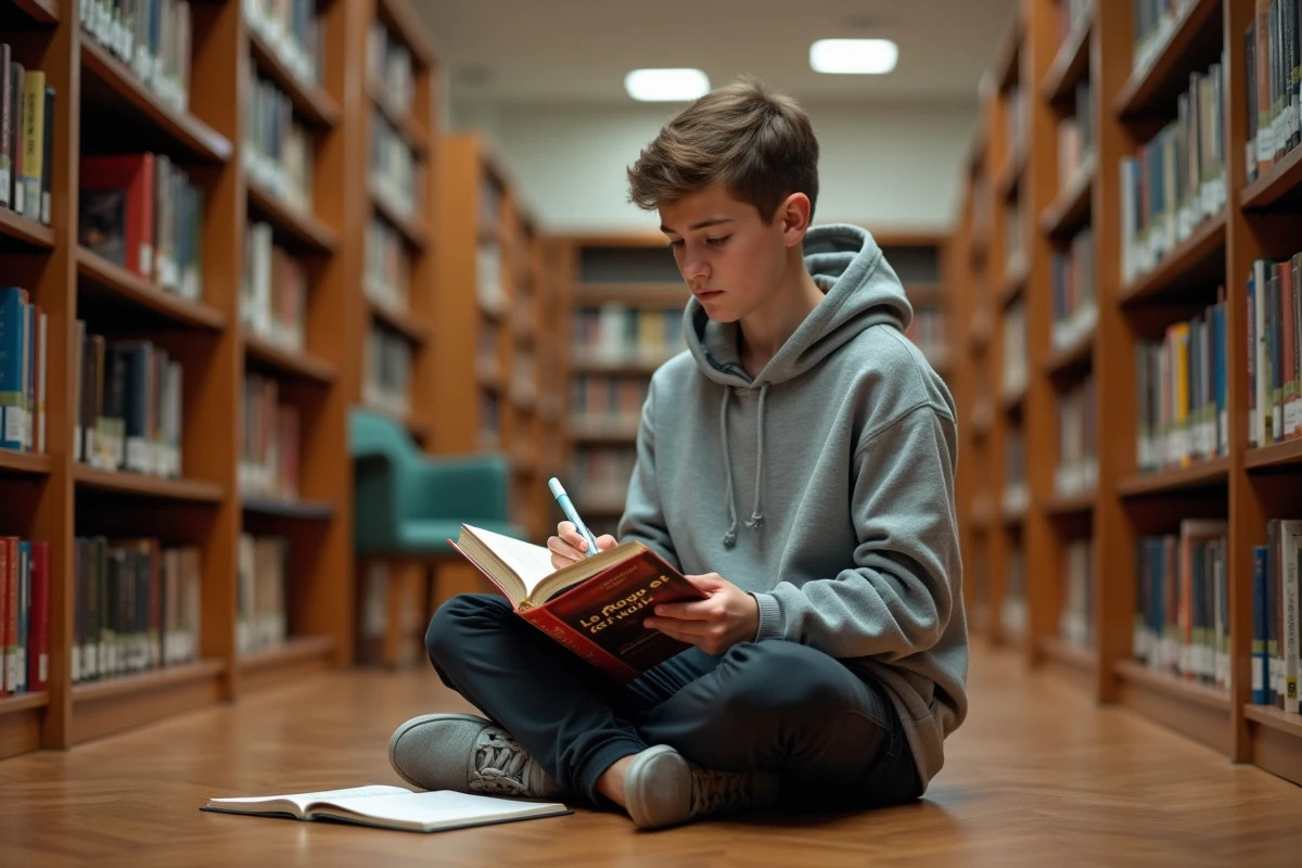 Lycéen annotatant Le Rouge et le Noir de Stendhal dans une bibliothèque scolaire entre des étagères de livres