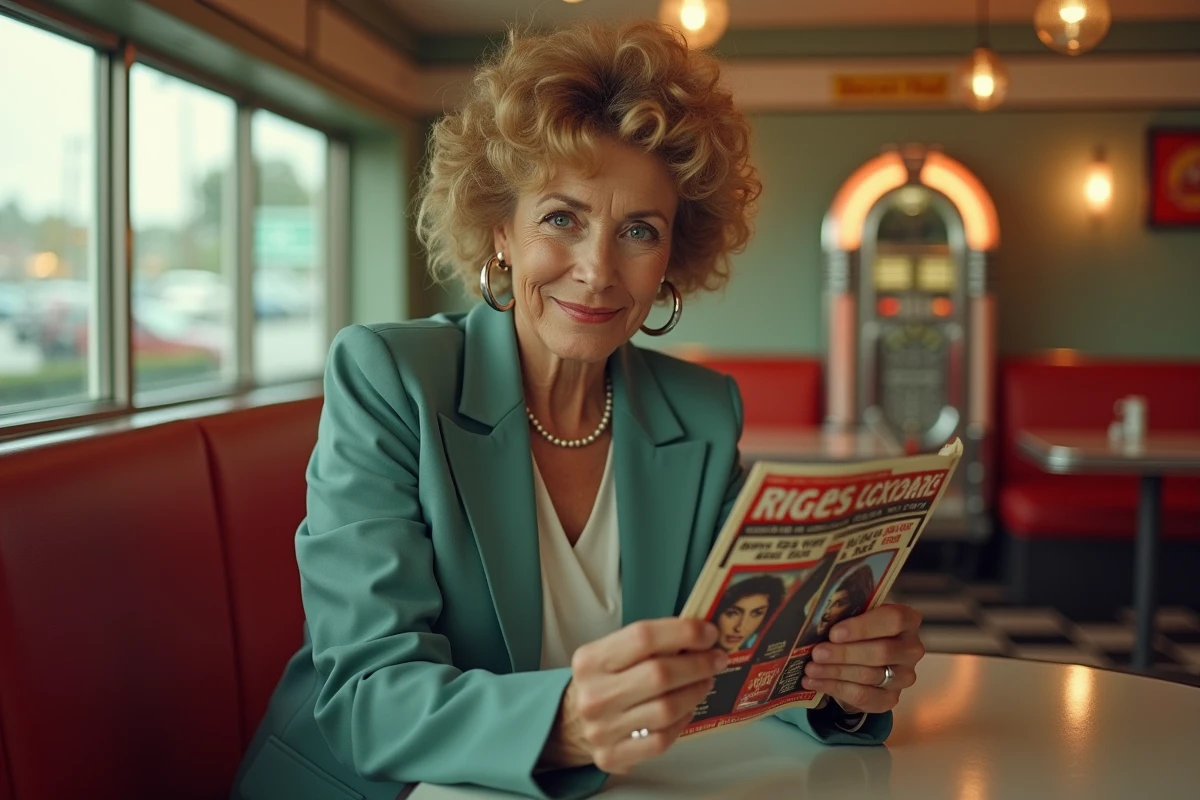Femme lisant un vieux magazine musical sur les chanteurs américains des années 70 et 80 dans un diner rétro américain