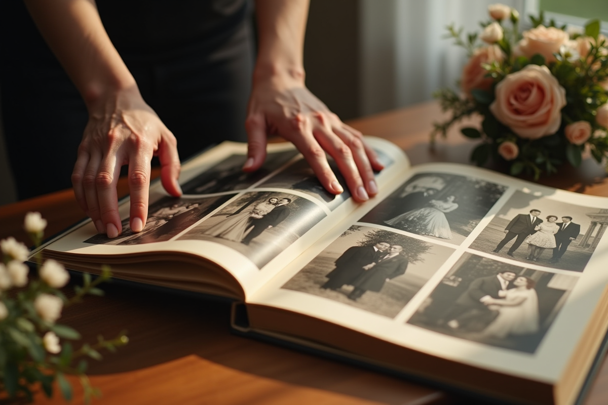 Mains anciennes touchant un album de mariage vintage