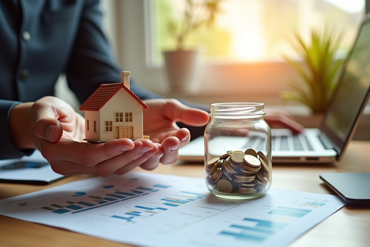 Mains tenant une petite maison et une jarre de pièces d