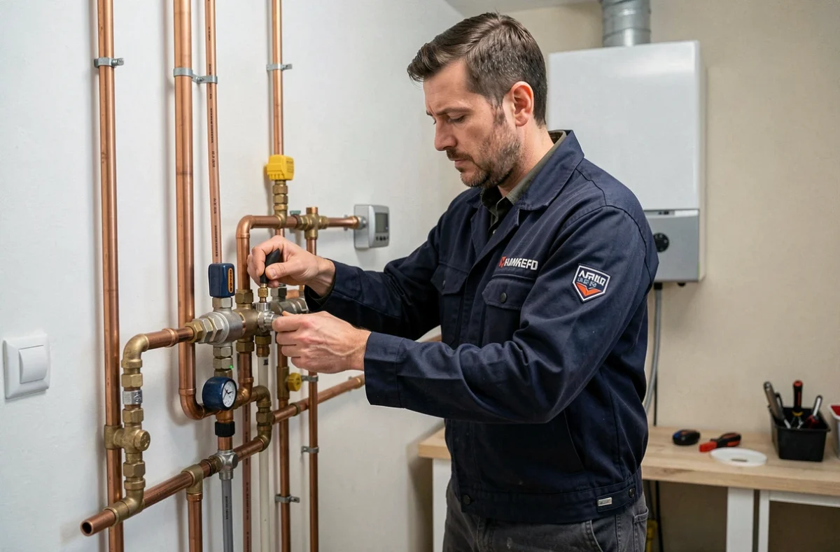 Artisan chauffagiste polyvalent Mangeret Yannick SARL installant un collecteur de chauffage dans une maison