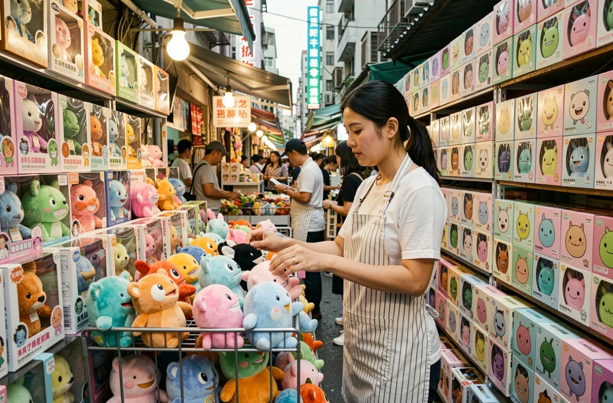 Étal de marché asiatique avec des jouets en peluche Labubu et boîtes surprises colorées, vendeure arrangeant les figurines collectors