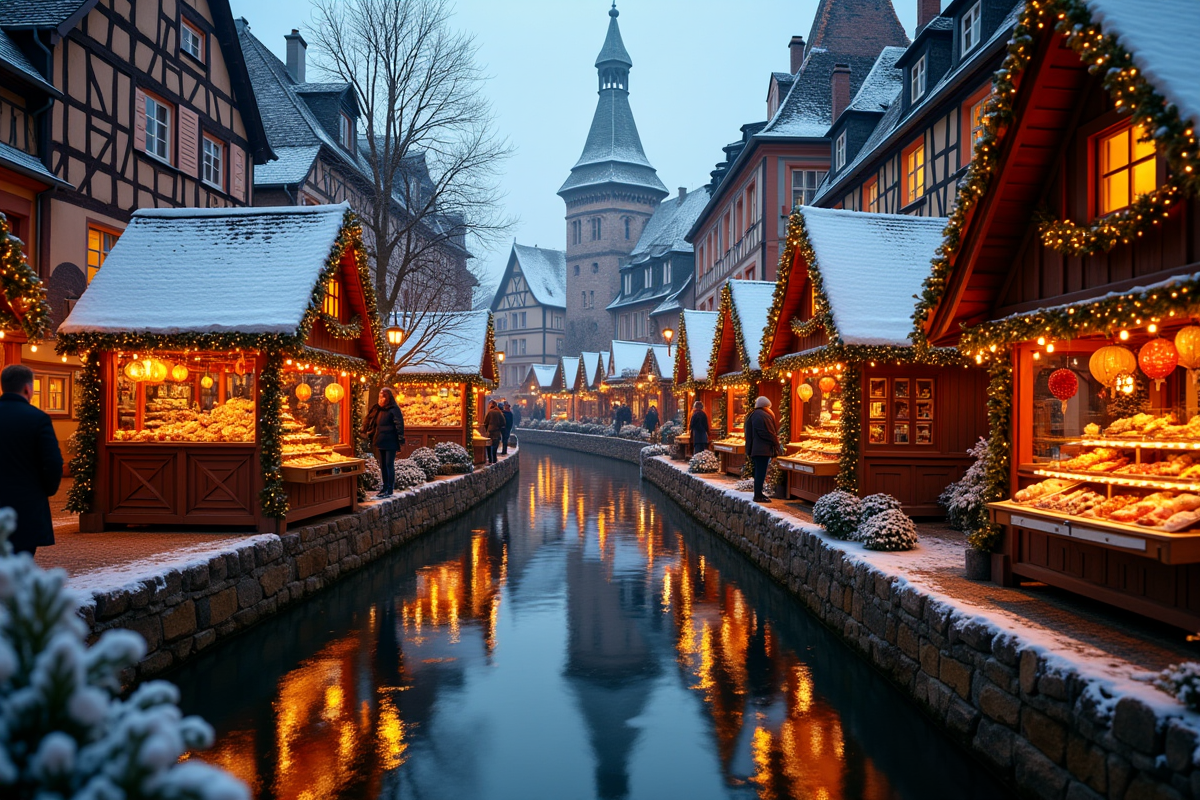 Marché de Noël à Colmar en journée avec rues médiévales et canaux