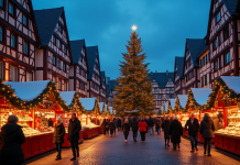 Marché de Noël à Strasbourg en soirée avec maisons illuminées