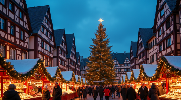 Marché de Noël à Strasbourg en soirée avec maisons illuminées