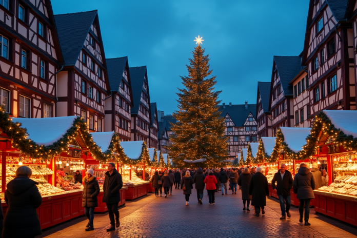 Marché de Noël à Strasbourg en soirée avec maisons illuminées