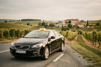 Un taxi moderne stationné sur une route pittoresque en Nouvelle-Aquitaine avec des vignobles et un village en arrière-plan
