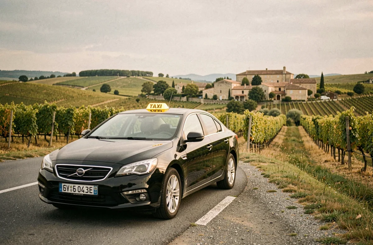 Un taxi moderne stationné sur une route pittoresque en Nouvelle-Aquitaine avec des vignobles et un village en arrière-plan