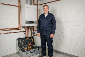 Chauffagiste professionnel dans une chaufferie résidentielle de l'Allier, avec chaudière moderne et outillage professionnel