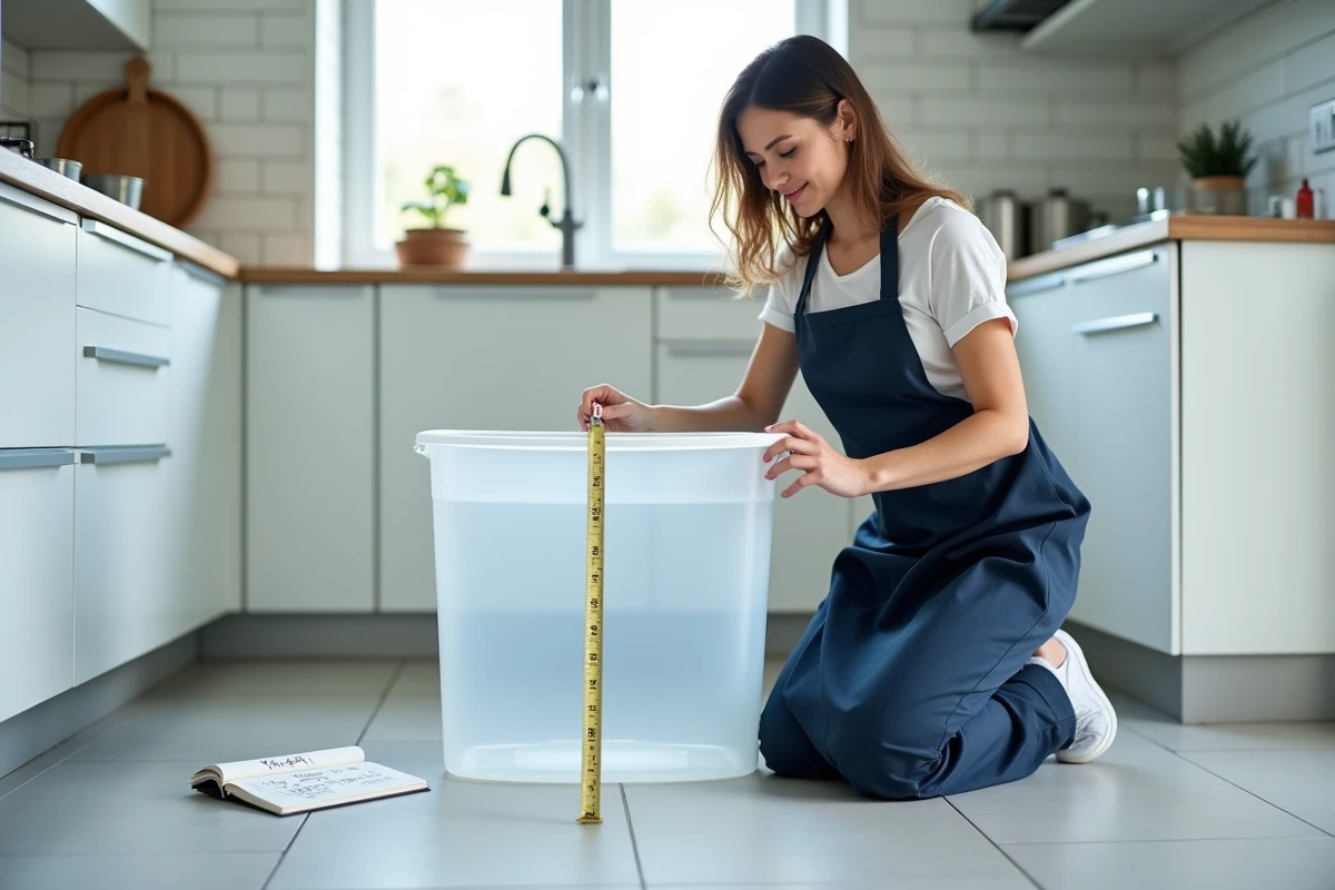 Femme mesurant un contenant pour calculer un volume en litres et en mètres cubes dans une cuisine moderne