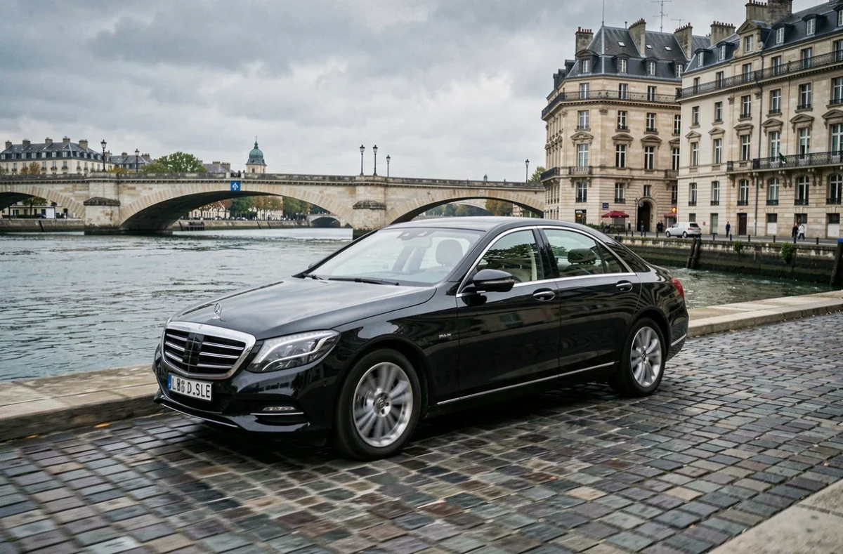 Taxi noir circulant sur les quais de la Garonne à Bordeaux avec le Pont de Pierre en arrière-plan