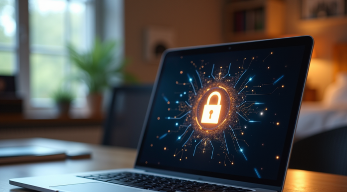 Ordinateur portable avec cadenas digital sur l'écran pour la sécurité