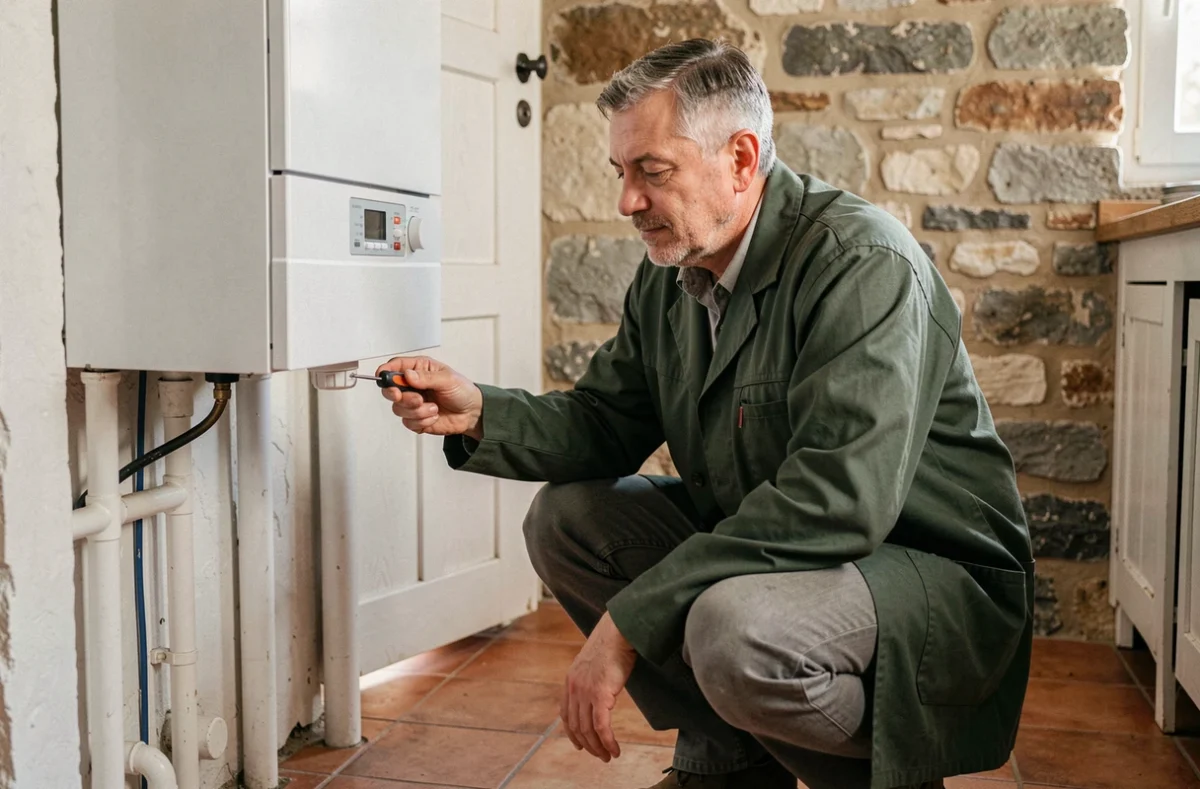 Artisan chauffagiste indépendant Pagnon Patrice intervenant sur une chaudière dans une maison rurale de l'Allier