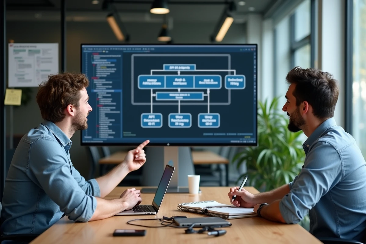 Deux développeurs en session de pair programming autour d'un écran affichant une architecture d'intégration API