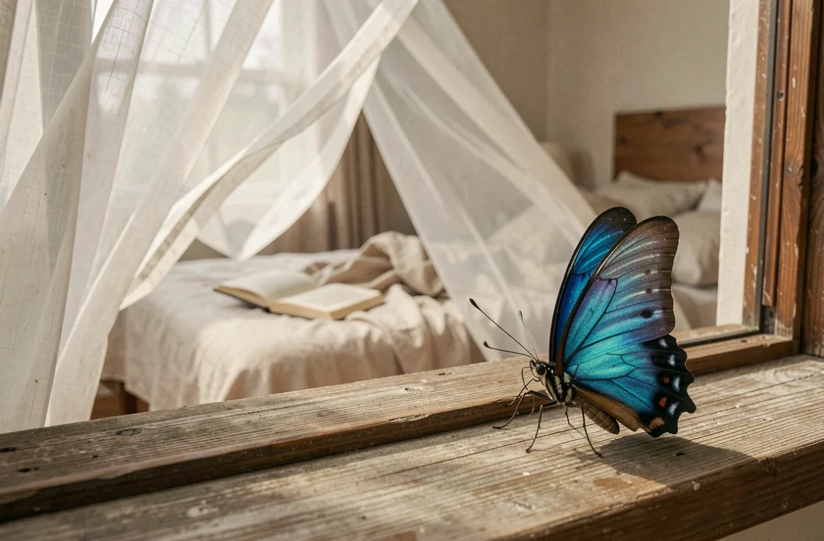Papillon bleu posé sur le rebord d'une fenêtre avec un intérieur de chambre flou évoquant le sommeil et les rêves
