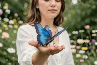 Papillon bleu morpho posé sur la main d'une femme aux yeux fermés dans un jardin verdoyant, symbolisant un rêve paisible