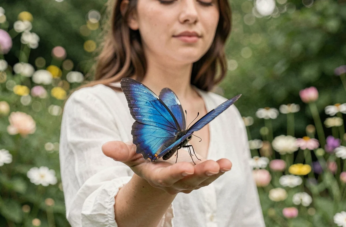 Papillon bleu morpho posé sur la main d'une femme aux yeux fermés dans un jardin verdoyant, symbolisant un rêve paisible