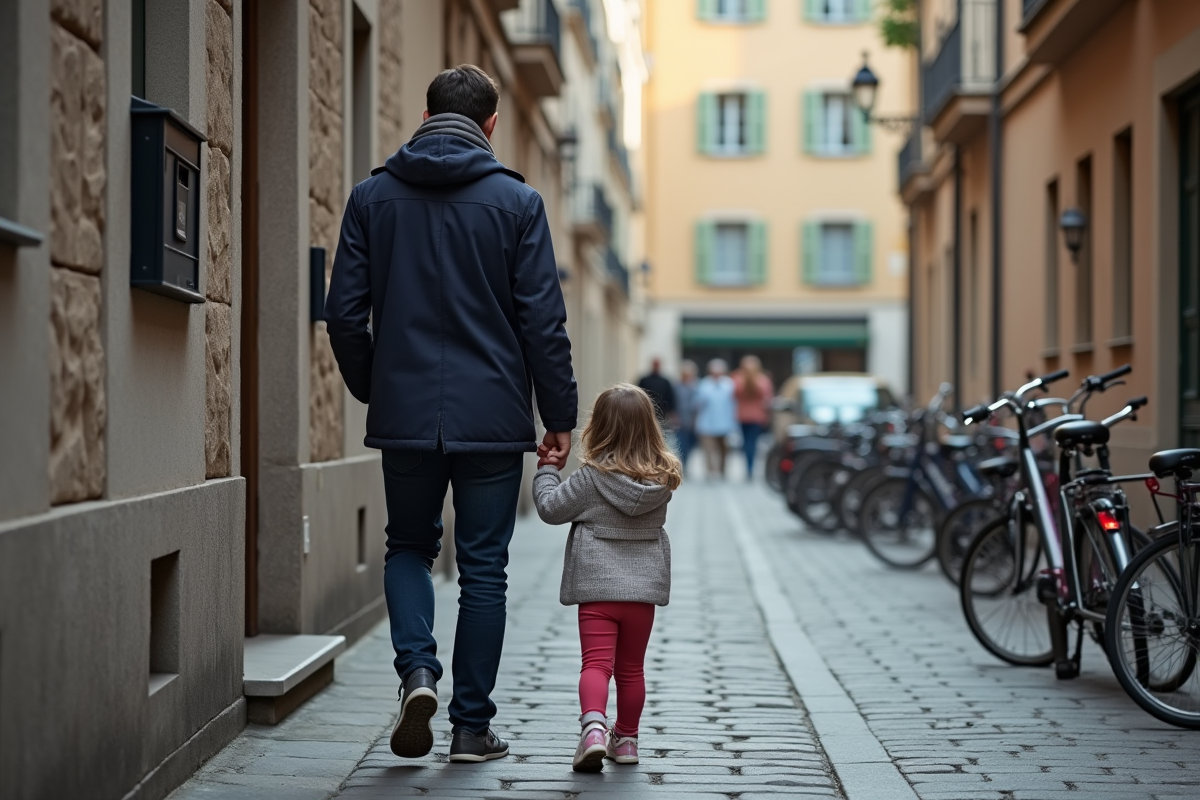 Jeune père et sa fille entrent dans un immeuble résidentiel en ville