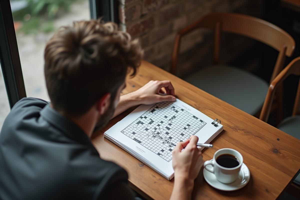 Personne concentrée sur un mots croises dans un cafe moderne