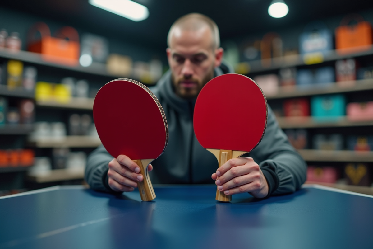 Personne dans un magasin de sport examinant des raquettes de ping pong