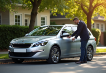 Voiture Peugeot 308 SW argentée stationnée dans une rue résidentielle