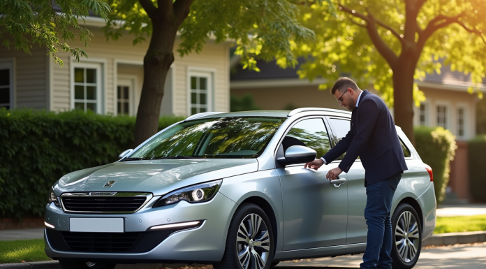 Voiture Peugeot 308 SW argentée stationnée dans une rue résidentielle