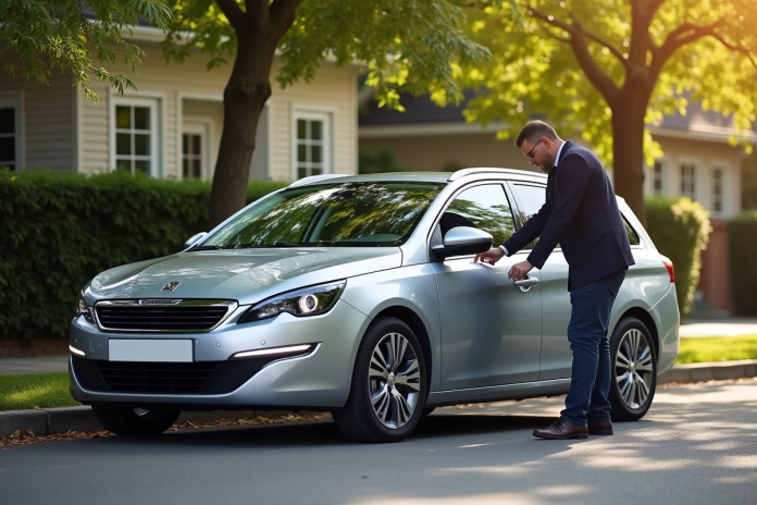 peugeot-308-sw-vue-exterieure Voiture Peugeot 308 SW argentée stationnée dans une rue résidentielle
