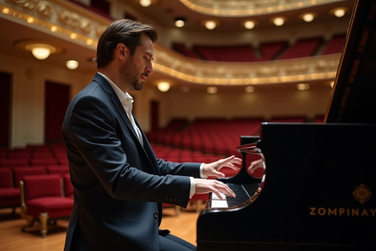 Pianiste classique français en concert dans une grande salle de spectacle avec piano à queue Steinway