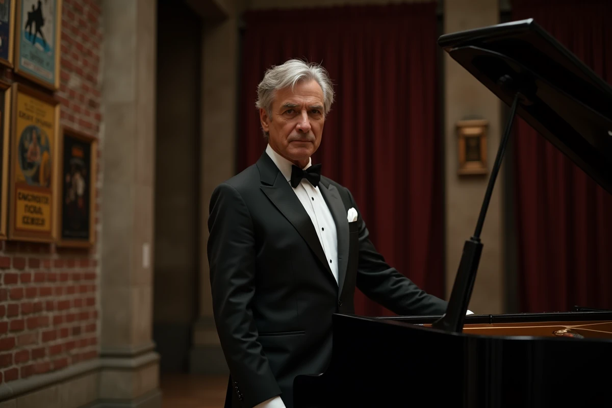 Pianiste classique français en smoking dans les coulisses d'une salle d'opéra avant un concert
